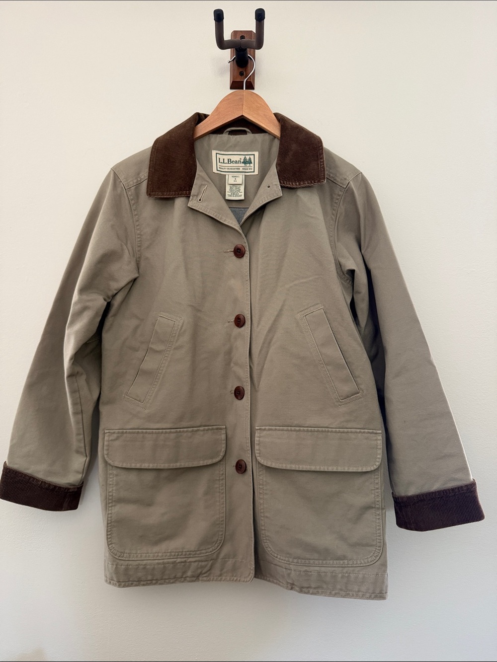 L.L. Bean Women's Khaki Utility Barn Jacket with Brown Corduroy Collar